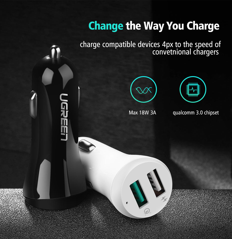 3A Car Charger 18W Quick Charge 3.0 Car-Charger with Charging Cable Fast Dual USB Mobile Phone Car Charger Quick Charger