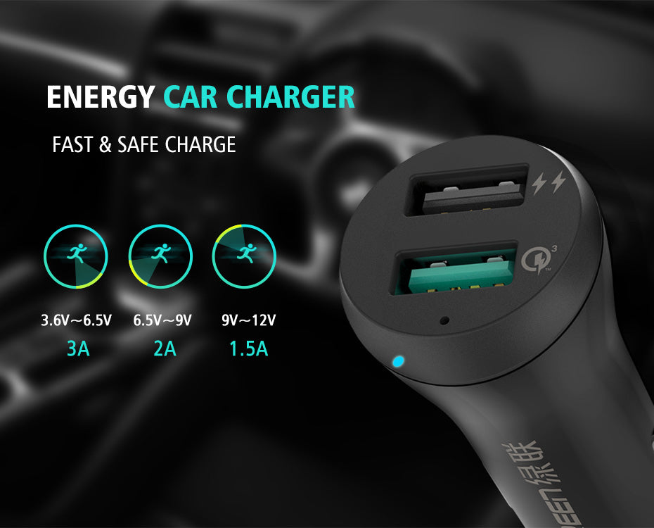 3A Car Charger 18W Quick Charge 3.0 Car-Charger with Charging Cable Fast Dual USB Mobile Phone Car Charger Quick Charger