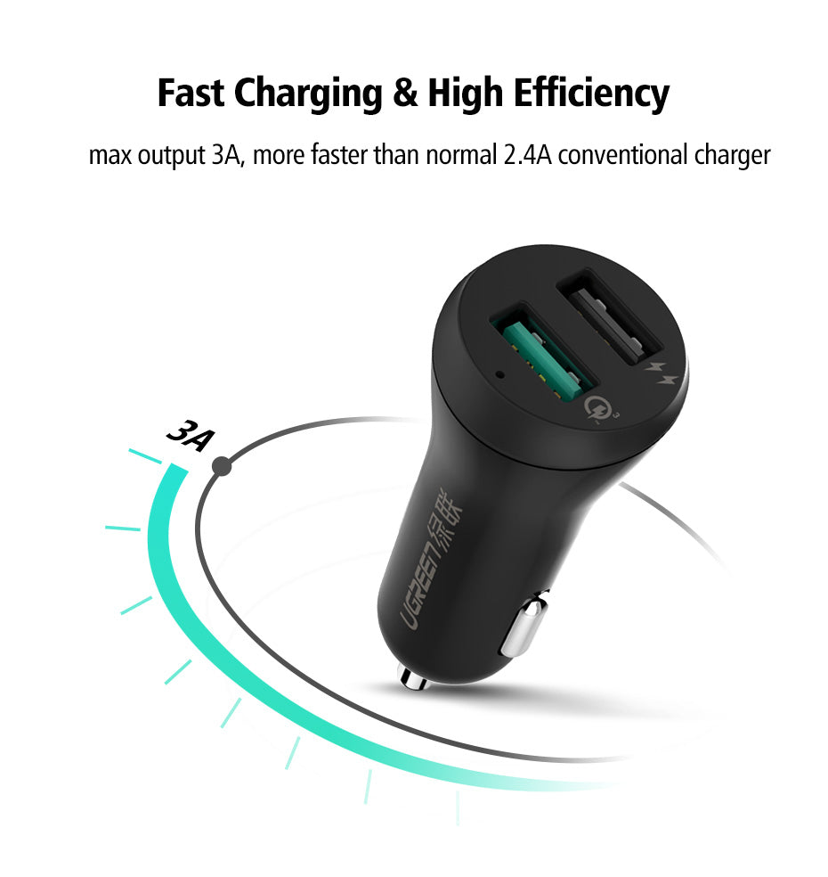 3A Car Charger 18W Quick Charge 3.0 Car-Charger with Charging Cable Fast Dual USB Mobile Phone Car Charger Quick Charger