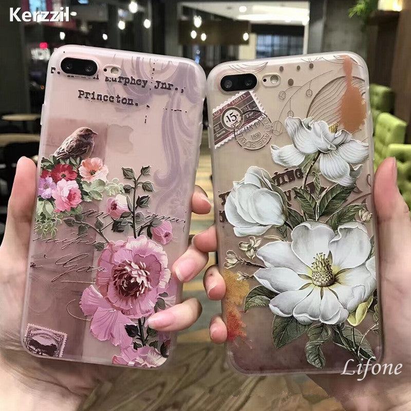 3D Relief Peach Lace Roses Flowers Phone Case For iPhone 7 6 6S Plus Soft TPU Back Cover Cases For iPhone X 6 6S 8 Plus