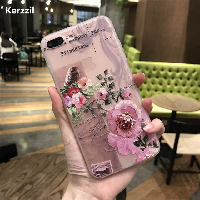 3D Relief Peach Lace Roses Flowers Phone Case For iPhone 7 6 6S Plus Soft TPU Back Cover Cases For iPhone X 6 6S 8 Plus