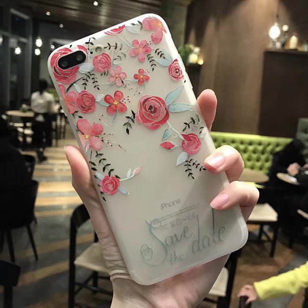 3D Relief Peach Lace Roses Flowers Phone Case For iPhone 7 6 6S Plus Soft TPU Back Cover Cases For iPhone X 6 6S 8 Plus