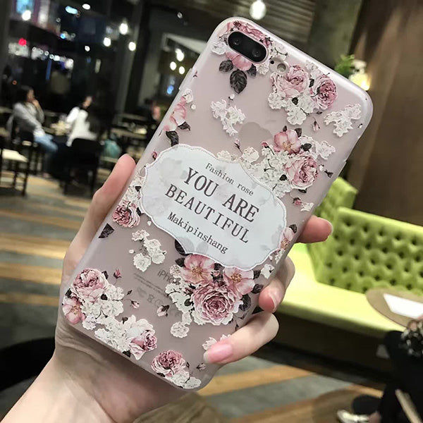 3D Relief Peach Lace Roses Flowers Phone Case For iPhone 7 6 6S Plus Soft TPU Back Cover Cases For iPhone X 6 6S 8 Plus
