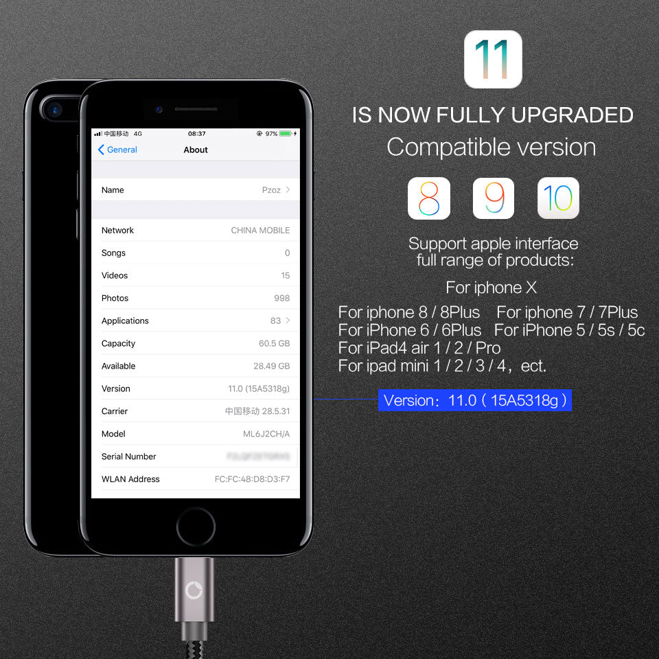 USB cable for iphone cable 8 7 6 plus 6s 5 5s 5c se x ipad air mini fast charging cables mobile phone charger data adapter