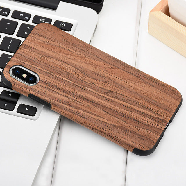 Phone Case for iPhone X Luxury vintage wood grain and TPU Anti-knock Protection Black Cover